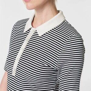 SPANX Black and White Stretch Rib Striped Polo Top